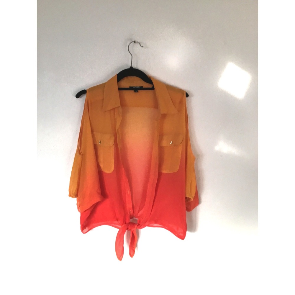 XOXO Ombre Orange Red Cold Shoulder Tie Front Shirt Top Womens XL